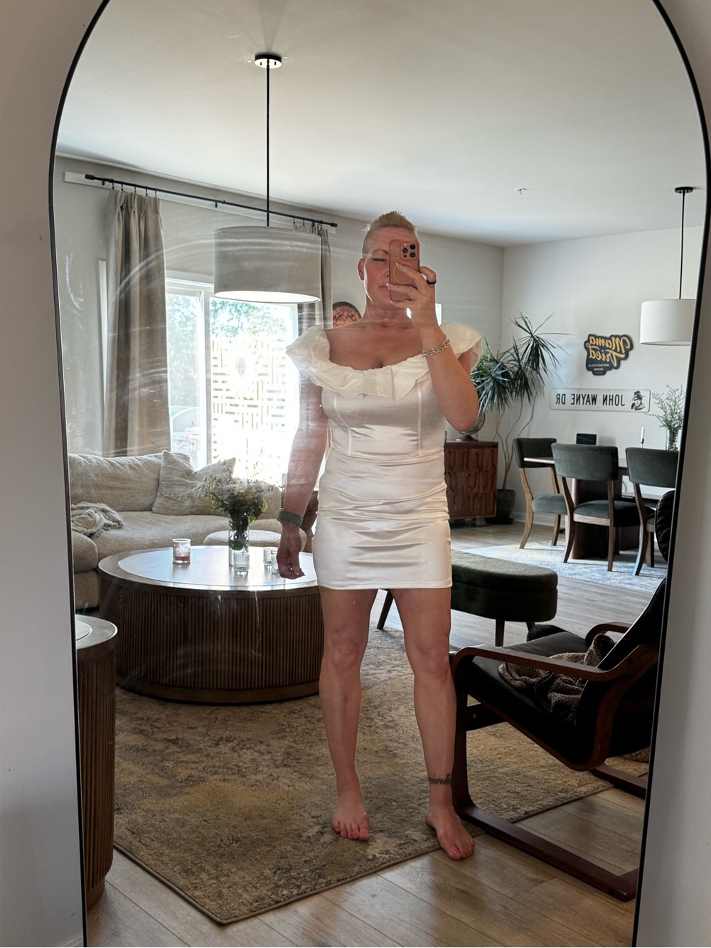 SHEIN White Satin Off-Shoulder Ruffle Mini Dress